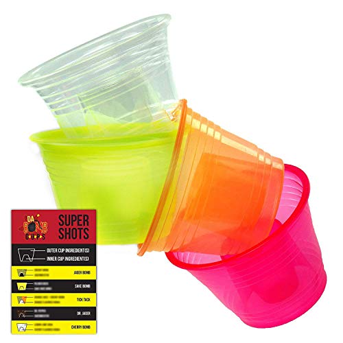 Product Cover Da Bomb Cups 150 Pack Disposable Jager Bomb Cups. Measure Two Part Bomber Shot Glasses for Great Taste Every Time! Throw a Great Party with Recipe Card & 4 Colors to Impress Guests!