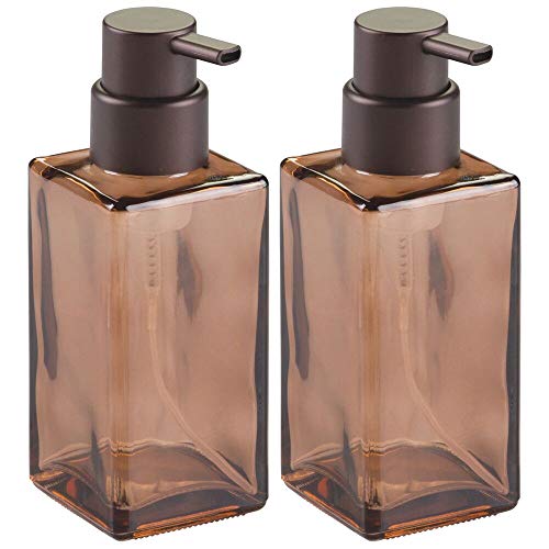 Product Cover mDesign Modern Square Glass Refillable Foaming Hand Soap Dispenser Pump Bottle for Bathroom Vanities or Kitchen Sink, Countertops - 2 Pack - Sand Brown/Bronze