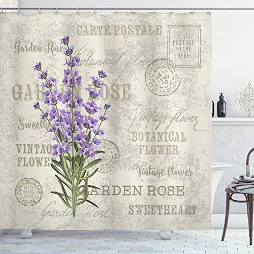Product Cover Ambesonne Lavender Shower Curtain by, Vintage Postcard Composition with Grunge Display and Flowers, Fabric Bathroom Decor Set with Hooks, 70 Inches, Lavender Reseda Green Beige