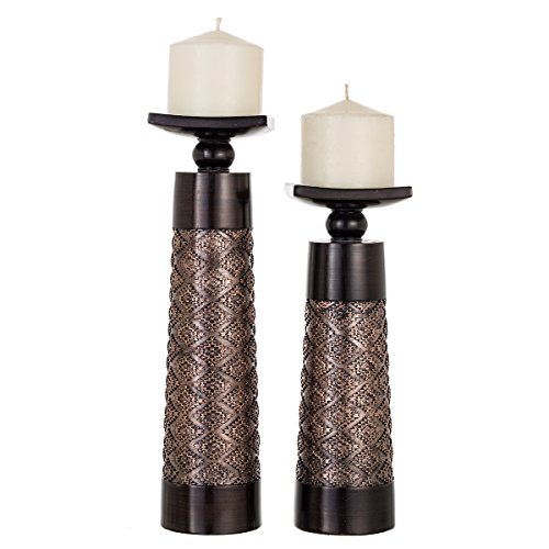 Product Cover Dublin Decorative Candle Holder Set of 2 - Home Decor Pillar Candle Stand, Coffee Table Mantle Decor Centerpieces for Fireplace, Living or Dining Room Table, Gift Boxed (Coffee Brown)