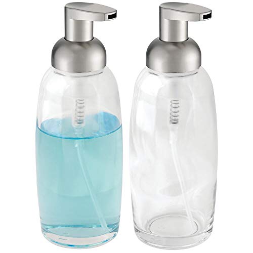 Product Cover mDesign Modern Glass Refillable Foaming Soap Dispenser Pump Bottle for Bathroom Vanity Countertop, Kitchen Sink - Save on Soap - Vintage-Inspired, Compact Design - 2 Pack - Clear/Brushed
