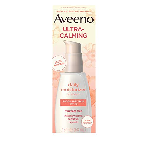 Product Cover Aveeno Ultra-Calming Fragrance-Free Daily Facial Moisturizer for Sensitive, Dry Skin with SPF 30 Mineral Sunscreen, Calming Feverfew & Nourishing Oat, 2.3 fl. oz