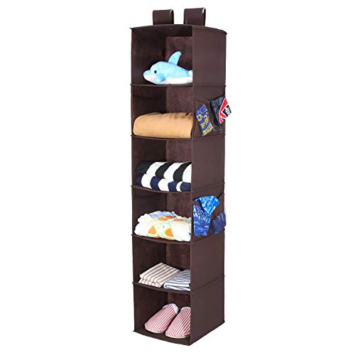 Product Cover Magicfly Hanging Closet Organizer with 4 Side Pockets, 6-Shelf Collapsible Closet Hanging Shelf for Sweater & Handbag Storage, Easy Mount Hanging Clothes Storage Box, Brown