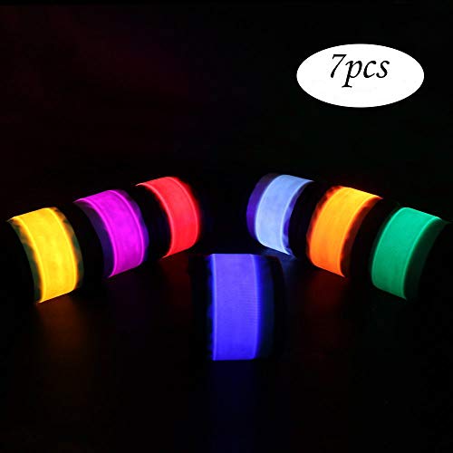 Product Cover PROLOSO Pack of 7 LED Light Up Band Slap Bracelets Night Safety Wrist Band for Running Man Riding Walking Concert Party Camping Outdoor Sports with 8 Extra Button Battery