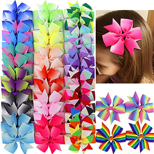Product Cover 40pcs Hair Bows For Girls Grosgrain Ribbon Rainbow Pinwheel Boutique Bow Clips For Teens Kids Toddler Pigtails (20colors x 2)