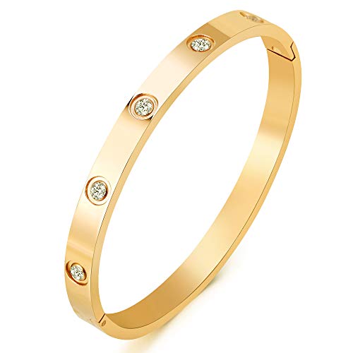 Product Cover MVCOLEDY Jewelry 18 K Gold Plated Bangle Bracelet CZ Stone Hinged Stainless Steel with Crystal Bangle for Women Size 6.7 Inches
