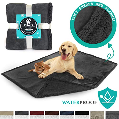 Product Cover PetAmi Waterproof Dog Blanket for Couch, Sofa | Grey Waterproof Sherpa Pet Blanket for Large Dogs, Puppies | Super Soft Washable Microfiber Fleece | Reversible Design | 50 x 40 (Gray/Gray)