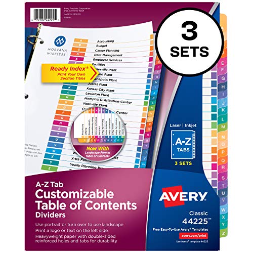 Product Cover Avery A-Z Tab Dividers for 3 Ring Binders, Customizable Table of Contents, Multicolor Tabs, 3 Sets (44225)