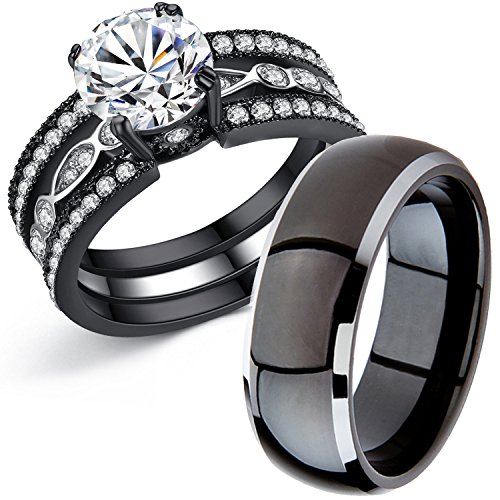 Product Cover MABELLA Couple Rings Black Men's Titanium Matching Band Women CZ Stainless Steel Engagement Wedding Sets...