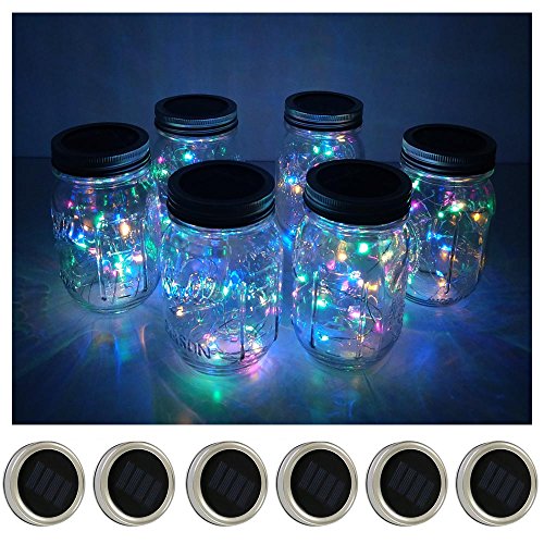 Product Cover 6 Pack Mason Jar Lights 10 LED Solar Colorful (4 Colors) Fairy String Lights Lids Insert for Patio Yard Garden Party Wedding Christmas Decorative Lighting Fit for Regular Mouth Jars(Jars Not Included)