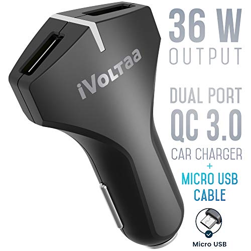 Product Cover iVoltaa QC 3.0 Dual Port 36 W Turbo Car Charger with Micro USB Cable - (Black)
