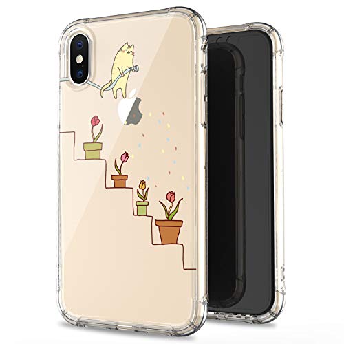 Product Cover JAHOLAN iPhone X Case iPhone Xs Amusing Whimsical Design Clear Bumper TPU Soft Case Rubber Silicone Cover Phone Case for iPhone X iPhone Xs - Yellow Cat Watering Flowers