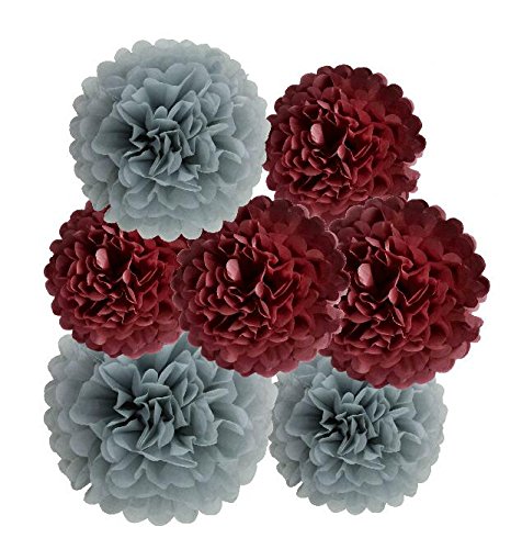 Product Cover HEARTFEEL 12pcs Tissue Paper Pom Poms, Grey Burgundy Paper Flowers 8inch 10inch Tissue Paper Balls, Best Paper Pom Pom Decorations for Wedding, Birthday Baby Shower Bachelorette Nursery Decorations