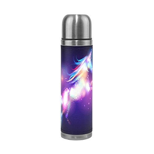 Product Cover alaza Galaxy Unicorn Water Bottle Leak Proof Double Wall Vacuum Insulated Thermos Flask Genuine Leather Cover for Hot and Cold Drinks 17 Oz