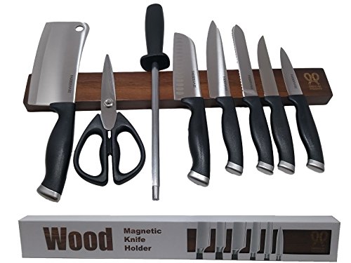 Product Cover Dark Walnut wood magnetic knife strip. Replace knife block with magnetic knife holder. Great for organizing kitchen knives and metal tools. Dark brown. Gift box included.Premium Present brand. 17 inch