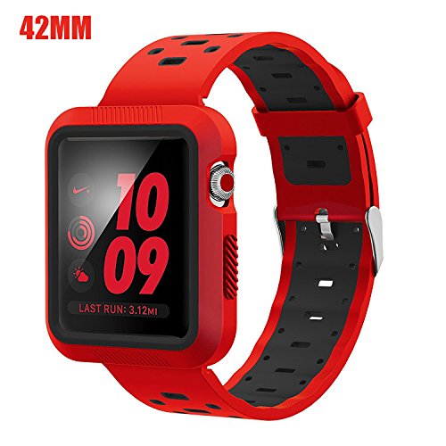 Product Cover EloBeth Watch Band with Case Compatible with Apple Watch Band 42mm Series 3 2 1 with Case Bumper iWatch 42mm Band Sport Silicone (42mm Red/Black)