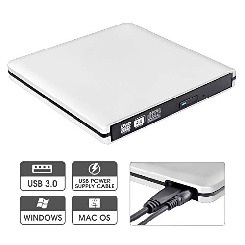 Product Cover External DVD Drive with Power Supply Cable, ROOFULL Portable USB 3.0 CD DVD +/-RW Optical Drive Burner Player, Compatible for Windows 10 Laptop Computer Surface Pro Mac MacBook Pro Air iMac, Silver