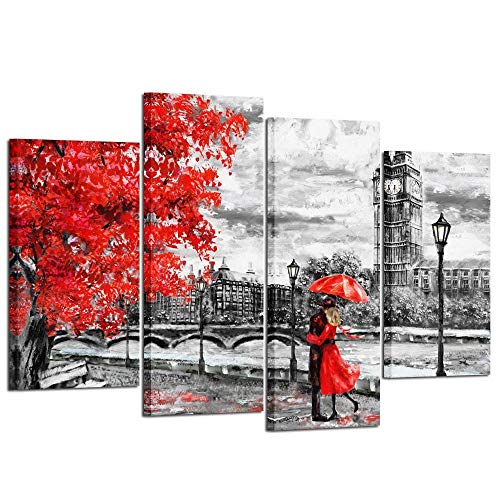 Product Cover Kreative Arts 4pcs Contemporary Wall Art Black White and Red Umbrella Couple in Street Big Ben Oil Painting Printed on Canvas Romantic Picture Prints for Walls