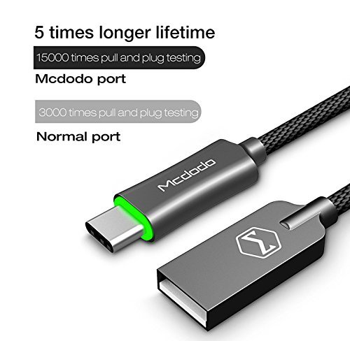 Product Cover USB Type-C Smart LED Auto Disconnect 5FT/1.5M Quick Charge Data Cable QC 3.0 for for Samsung Galaxy S8, S8+, The New MacBook,Google Pixel,Nexus 6P,LG V20 G5,HTC 10 & More by Mcdodo (5FT Dark Gray)