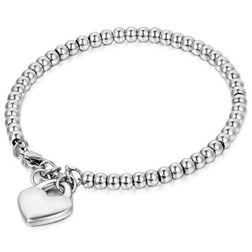 Product Cover OIDEA Stainless Steel 4MM Beads Heart Charm Link Bracelet for Birthday Valentines Day Present, with Gift Bag