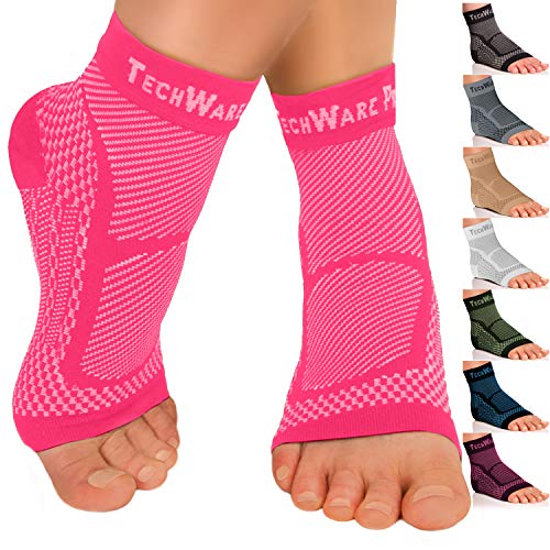 Product Cover TechWare Pro Ankle Brace Compression Sleeve - Relieves Achilles Tendonitis, Joint Pain. Plantar Fasciitis Foot Sock with Arch Support Reduces Swelling & Heel Spur Pain. (Pink, S/M)