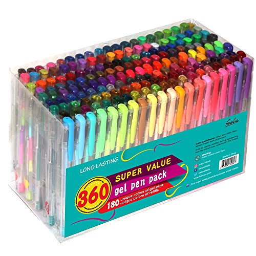 Product Cover Feela 360 Colors Gel Pens Set 180 Unique Gel Pen Plus 180 Refills for Adult Coloring Books Drawing