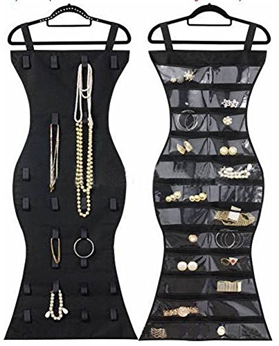 Product Cover Hanging Jewelry Organizer, Dual Sided Closet Organizers, Earrings Bracelet Necklace Socks Pantyhose Storage Display Bag (Black (24 Pockets & 16 Hook-and-Loop Tabs))