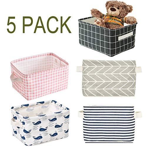 Product Cover Foldable Storage Bin Basket,Foldable Fabric Storage Receive Basket with Handle Cotton Linen Blend Storage Bins for Makeup, Book, Baby Toy, 7.8 x 6.1 x 5.1 Inch (5 Count)