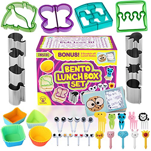 Product Cover Complete Bento Lunch Box Supplies and Accessories For Kids - Sandwich Cutter and Bread Crust Shape Remover - Mini Vegetable Fruit Shapes cookie cutters - Silicone Cup Dividers - FREE Food Pick forks