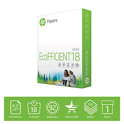 Product Cover HP Printer Paper EcoFFICIENT 18 lb, 8.5 x 11, 1 Ream, 500 Sheets, Made in USA From Forest Stewardship Council (FSC) Certified Resources, 92 Bright, Acid Free, Engineered for HP Compatibility, 088369R