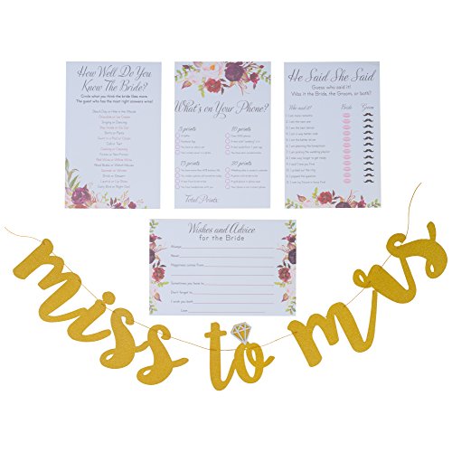 Product Cover Floral Bridal Shower Games pack with Miss to Mrs Banner and Gold Dots | 4 Games including Wedding Advice Cards What's On Your Phone, He Said She Said, How Well Do You Know The Bride,50 Sheets each
