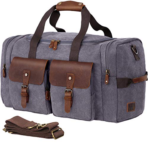 Product Cover WOWBOX Duffel Bag Weekender Bag for Men and Women Genuine Leather Canvas Travel Overnight Carry on Bag with Shoes Compartment Grey