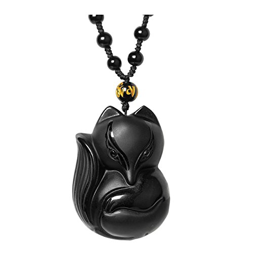 Product Cover Jovivi Natural Black Obsidian Fox Necklace Healing Crystal Gemstone Necklaces Pendant Protection Amulet Charm