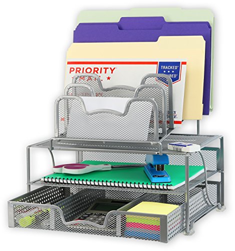 Product Cover SimpleHouseware Mesh Desk Organizer with Sliding Drawer, Double Tray and 5 Stacking Sorter Sections, Silver