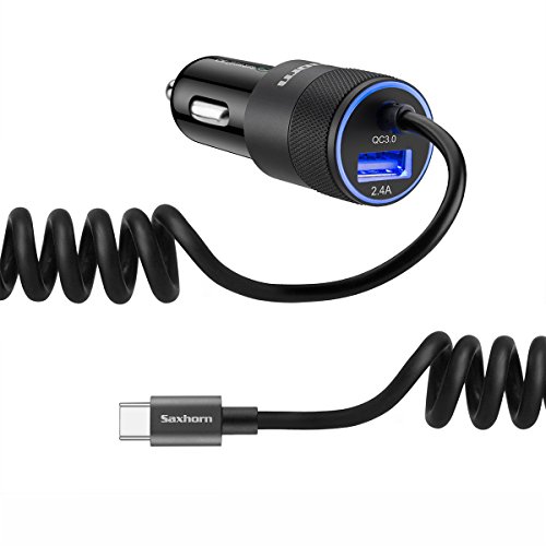 Product Cover Saxhorn Fast USB C Car Charger Compatible for Samsung Galaxy S10+/S10e/S10/S9/S9 Plus/S8/S8 Plus/S8 Active/Note 10/Note 9/Note 8, Quick Charge 3.0 Car Charger with 3.3ft Type C Cord, Black, 4351487241