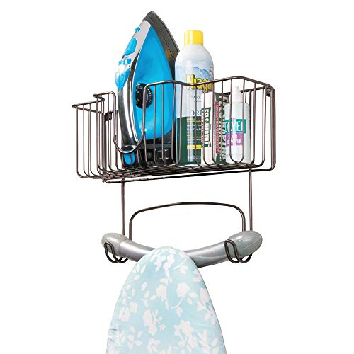 Product Cover mDesign Wall Mount Metal Ironing Board Holder with Large Storage Basket - Holds Iron, Board, Spray Bottles, Starch, Fabric Refresher for Laundry Rooms