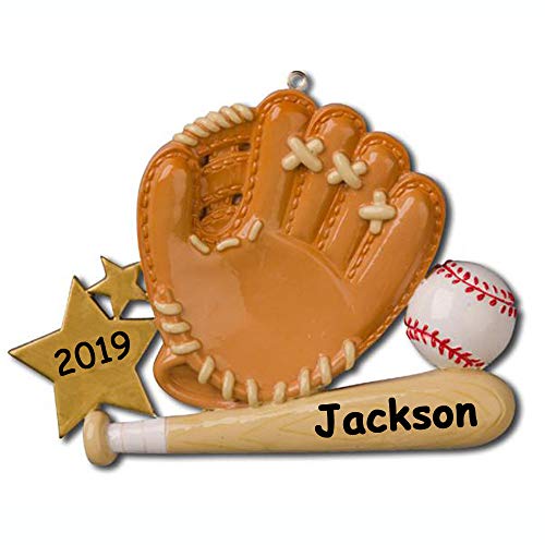 Product Cover Personalized Baseball Christmas Ornament Player Glove with Baseball Bat and Baseball Gold Star Detail - Custom Name and Date