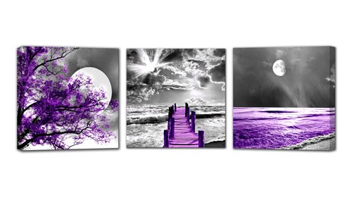 Product Cover HUADAOART Landscape Moon Canvas Prints Purple Landscape Canvas Printings Wall Art for Home Decor Perfect 3 Panels Wall Decorations Size:12X12inches 3pcs/Set