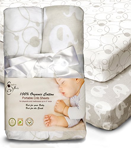 Product Cover 100% Organic Cotton Sheets for Pack 'n Play and Other Portable/Mini Cribs, Gray/White Unisex 2 Pack, Playard or up to 5