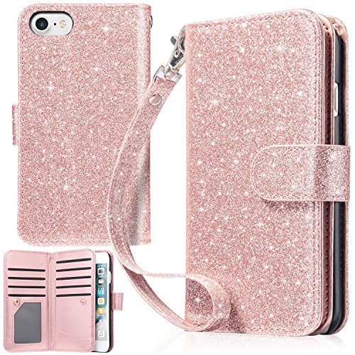 Product Cover UrbanDrama for Apple iPhone 7 Case iPhone 8 Case, Glitter Shiny Faux Leather Magnetic Closure 9 Credit Card Slots Cash Holder Protective Case for Apple 7 iPhone 8 4.7 inch, Rose Gold