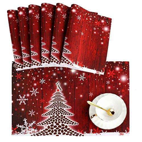 Product Cover Naanle Winter Holiday Placemat Set of 6, Christmas Tree with Snowflake Heat-Resistant Washable Table Place Mats for Kitchen Dining Table Decoration