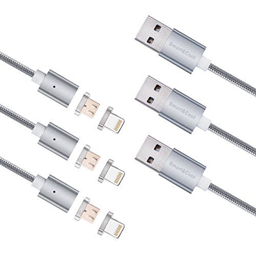 Product Cover Smart&Cool Gen4 Nylon Braided Two-Mode Magnetic Charging & Data Transfer Cable Compatible with Phones and Tablets with Micro-USB and i-Product Interface(5ft-Silver Triple Pack)