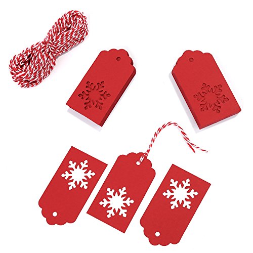 Product Cover Whaline 100 Pcs Paper Tags Kraft Gift Tags Snowflake Shape Hang Labels with 30 Meters Twine for DIY Arts and Crafts, Wedding Christmas Thanksgiving and Holiday (Red)