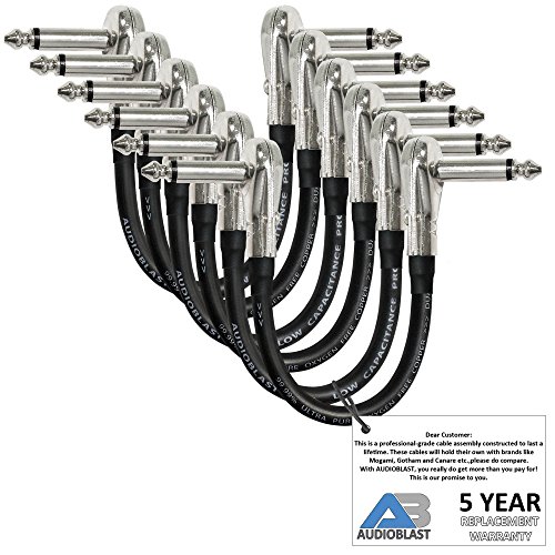 Product Cover 6 Units - 6 Inch - Audioblast HQ-1 - Ultra Flexible - Dual Shielded (100%) - Instrument Effects Pedal Patch Cable w/ ¼ inch (6.35mm) Low-Profile, R/A Pancake Type TS Connectors & Dual Staggered Boots