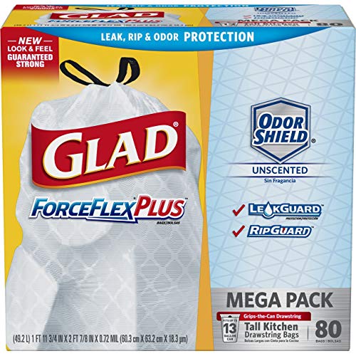 Product Cover Glad Tall Kitchen Drawstring Trash Bags - ForceFlexPlus 13 Gallon White Trash Bag, OdorShield - 80 Count (Packaging may vary)