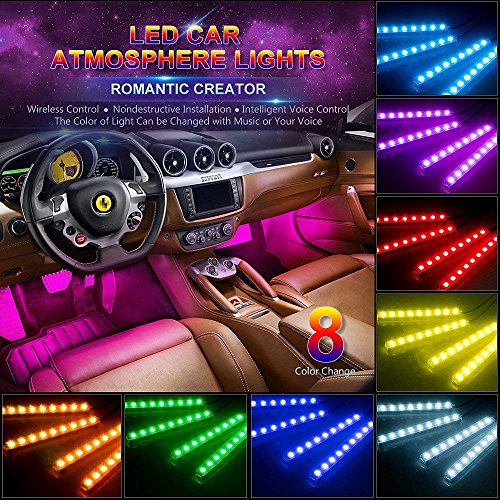 Product Cover wsiiroon Car LED Strip Light，4pcs 48 LED Multicolor Music Car Interior Lights Under Dash Lighting Kit with Sound Active Function and Wireless Remote Control, Car Charger Included, DC 12V