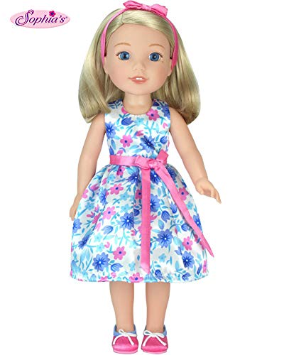 Product Cover 14 Inch Doll Clothes/Clothing,14 Inch Doll Dress with Shoes by Sophia's | Satin Floral Party Dress, Hair Bow & Shoes Fits American Girl Wellie Wishers Dolls | 14 In Doll 3 Piece Set