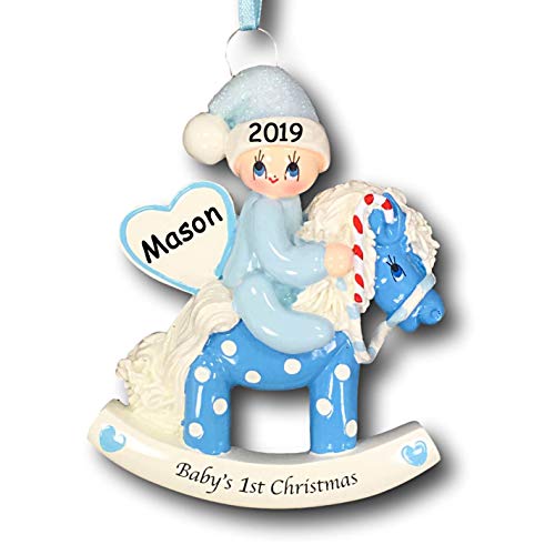 Product Cover Personalized Baby Boy's First Christmas Baby on Polka Dot Rocking Horse with Glittered Santa Hat Christmas Tree Ornament with Name and Date
