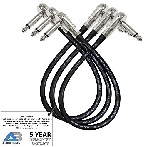 Product Cover 3 Units - 1.5 Foot - Audioblast HQ-1 - Ultra Flexible - Dual Shielded (100%) - Instrument Effects Pedal Patch Cable w/ ¼ inch (6.35mm) Low-Profile, R/A Pancake Type TS Connectors & Dual Staggered Boot