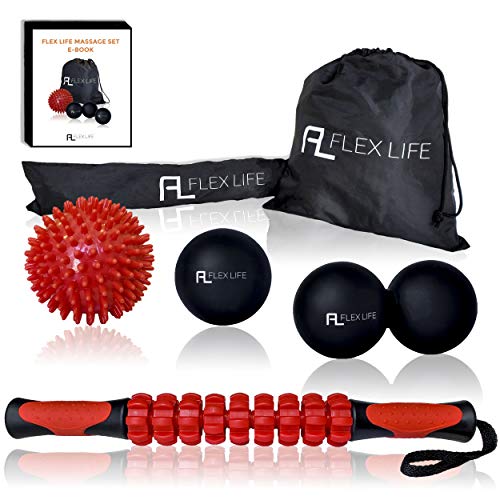 Product Cover Massage Ball Set and Muscle Roller Stick Kit - Lacrosse Ball/Double Peanut Ball/Spiky Ball/Roller Stick - Myofascial Trigger Point Release with Deep Tissue Therapy for Muscle Knots and Mobility